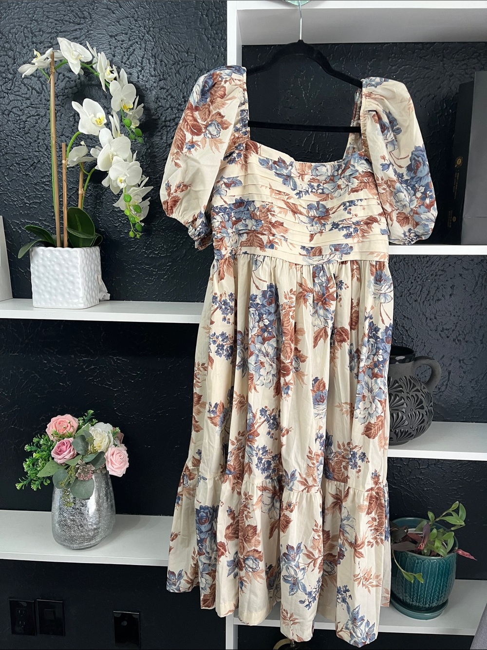 Abercrombie & Fitch Emerson Cream Floral Midi Dress with Blue & Rust Print